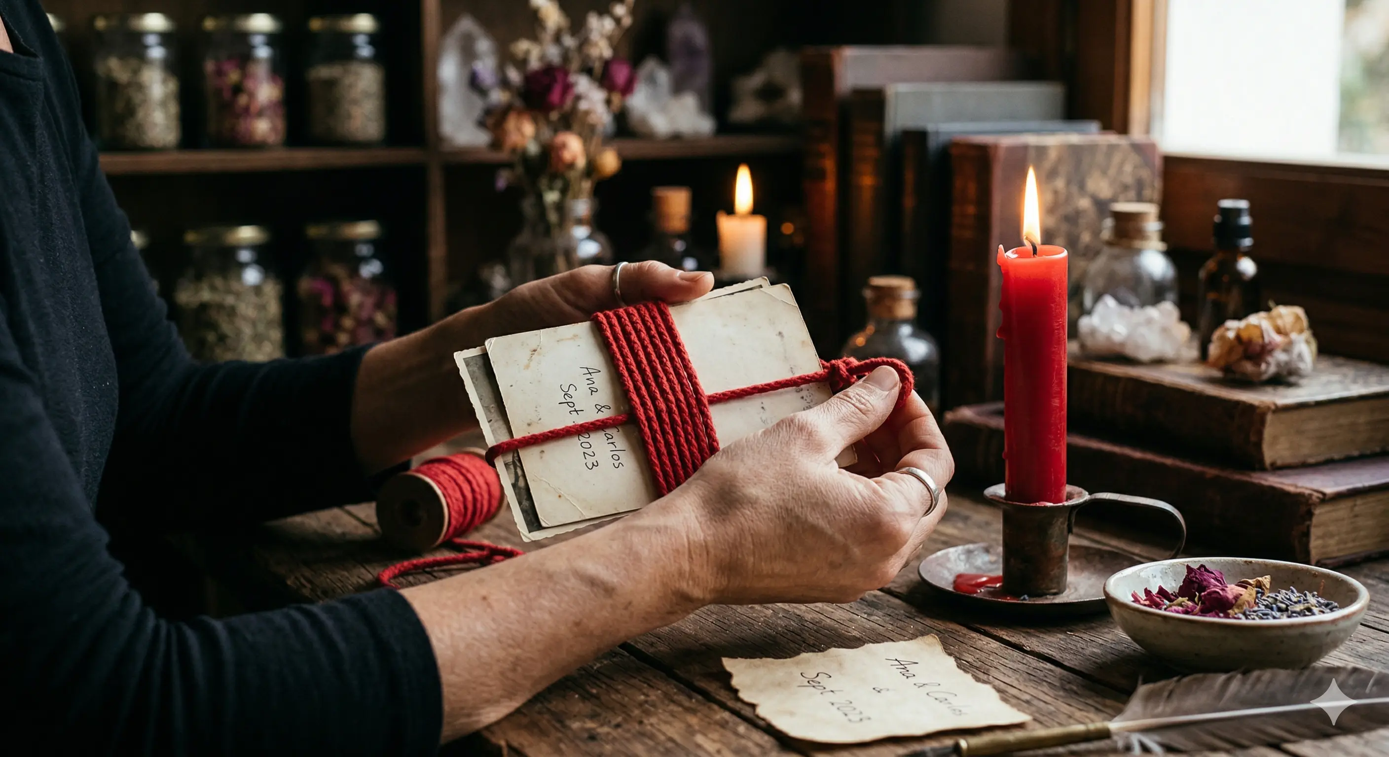 Ingredientes para el amarre de amor: Fotografía, hilo rojo grueso y vela roja